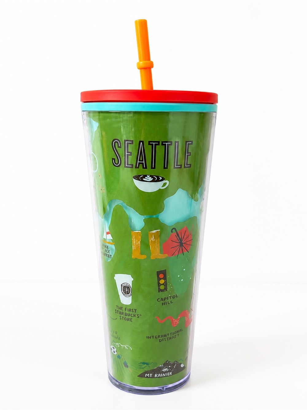 Starbucks Seattle City Tumbler Cold Cup with Straw Mt Rainier Capitol Hill